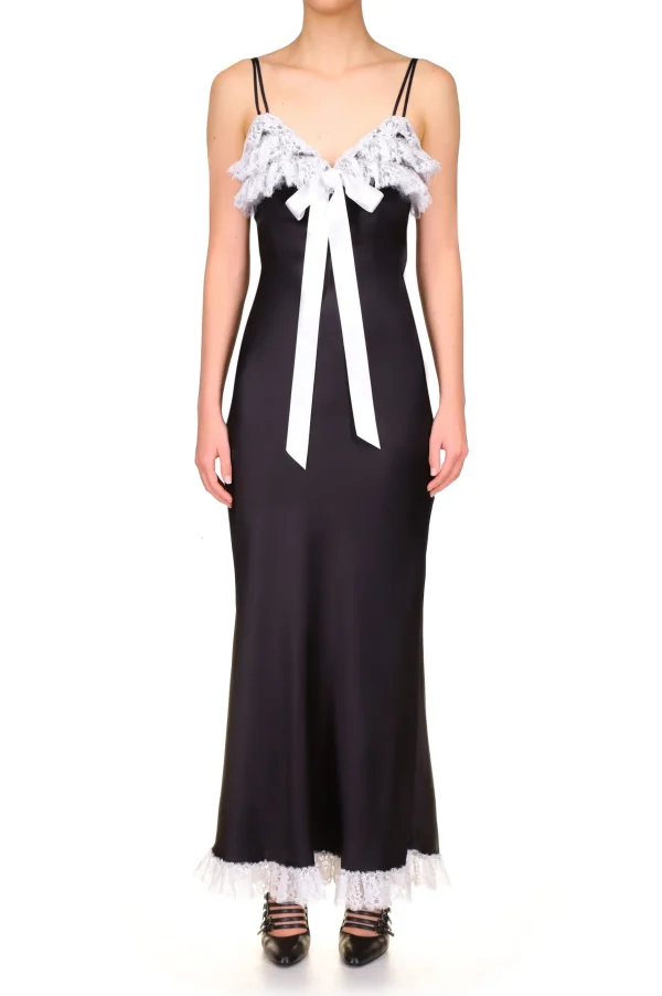 Dresses*Rodarte Black Bias Dress With White Lace Bodice Ruffle And Ribbon Bow Detail