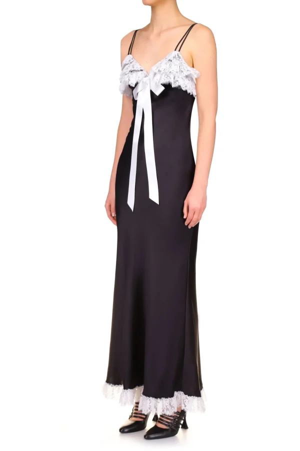 Dresses*Rodarte Black Bias Dress With White Lace Bodice Ruffle And Ribbon Bow Detail