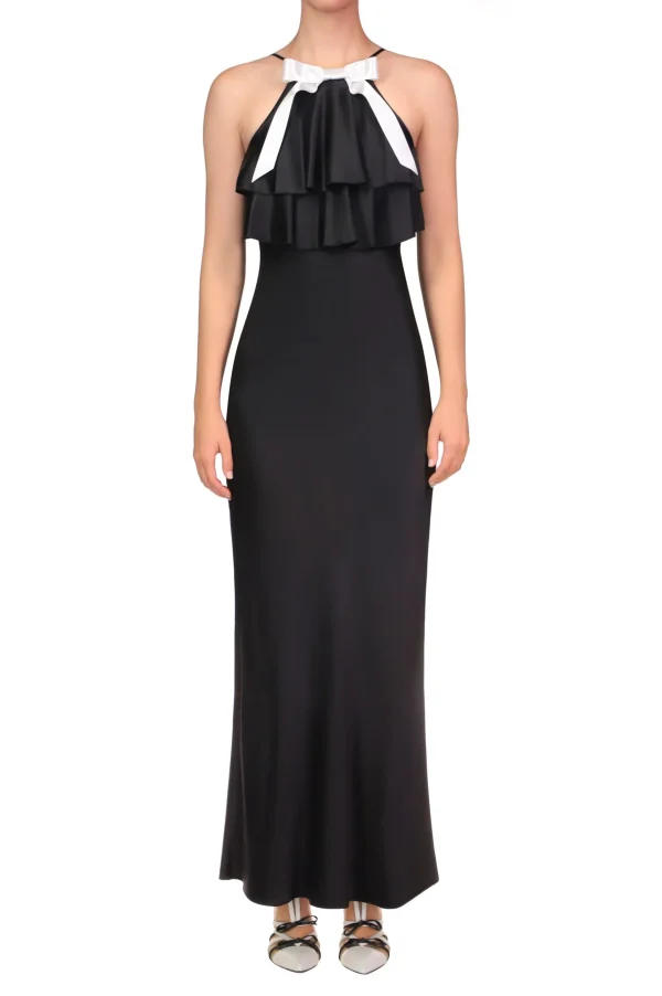 Dresses*Rodarte Black Charmeuse Bias Tiered Ruffle Halter Dress With White Bow Detail