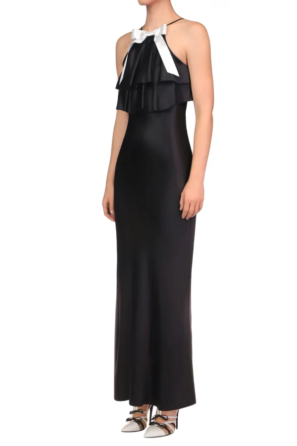 Dresses*Rodarte Black Charmeuse Bias Tiered Ruffle Halter Dress With White Bow Detail