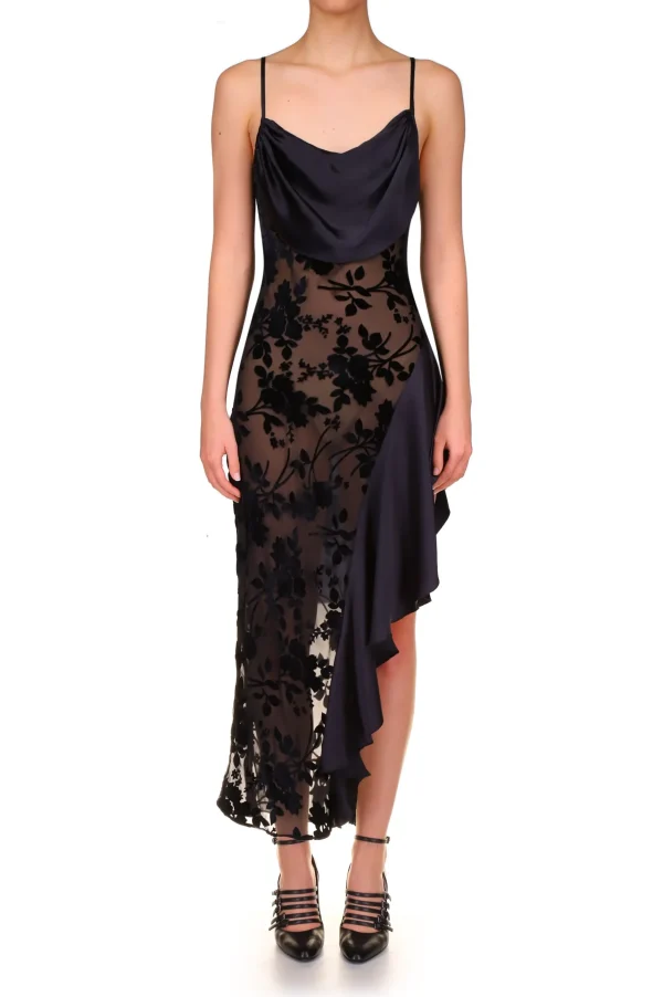 Dresses*Rodarte Black Floral Burnout Velvet And Satin Asymetrical Cowl Neck Bias Dress