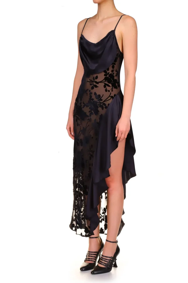 Dresses*Rodarte Black Floral Burnout Velvet And Satin Asymetrical Cowl Neck Bias Dress