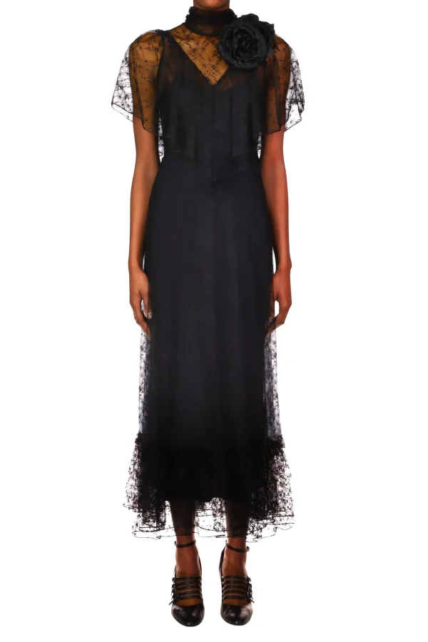 Dresses*Rodarte Black Floral Lace Dress With Flower Corsage