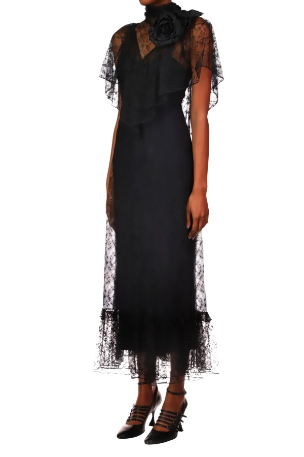 Dresses*Rodarte Black Floral Lace Dress With Flower Corsage