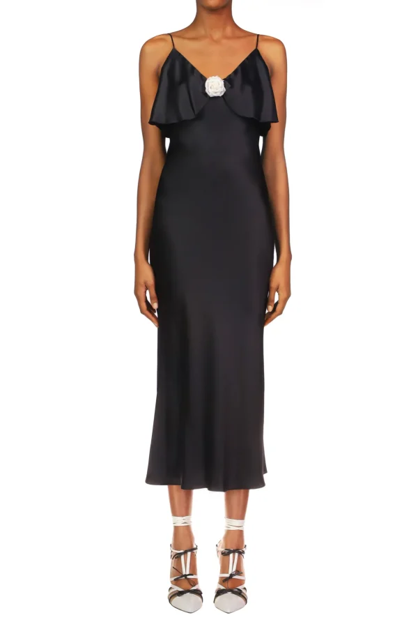 Dresses*Rodarte Black Satin Charmeuse Bias Slip Dress With Ruffle And Silk Flower Detail