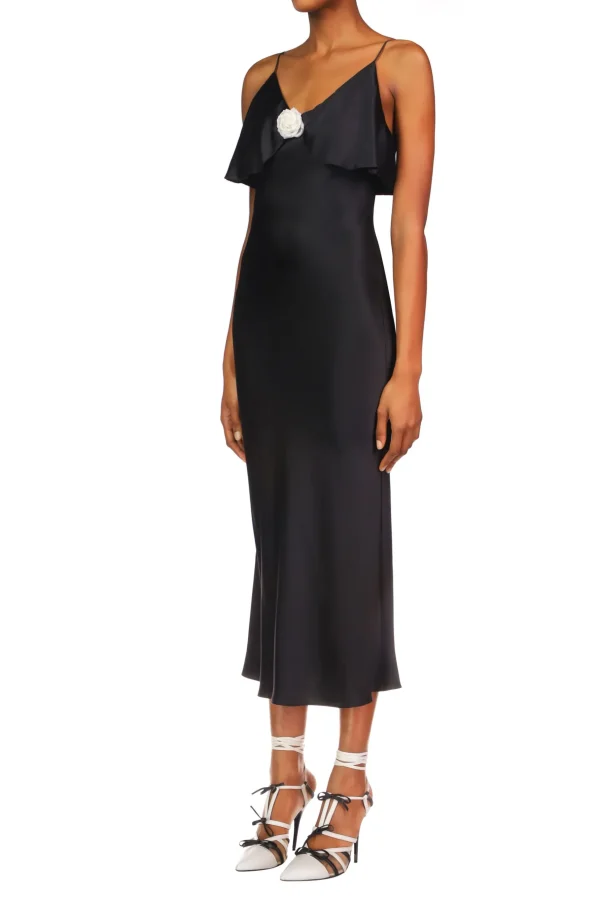 Dresses*Rodarte Black Satin Charmeuse Bias Slip Dress With Ruffle And Silk Flower Detail