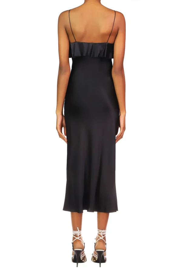 Dresses*Rodarte Black Satin Charmeuse Bias Slip Dress With Ruffle And Silk Flower Detail