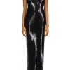 Dresses*Rodarte Black Sequin Halter Gown With Hand Beaded Floral Detail