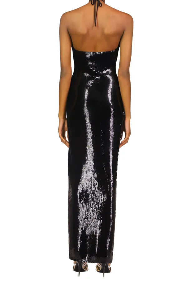 Dresses*Rodarte Black Sequin Halter Gown With Hand Beaded Floral Detail