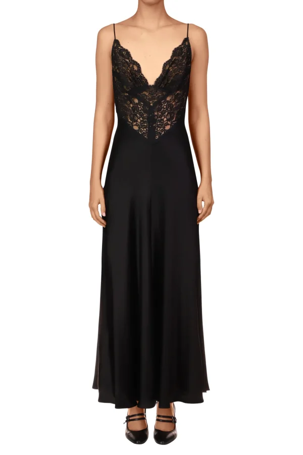 Dresses*Rodarte Black Silk Charmeuse Bias Dress With Black Lace