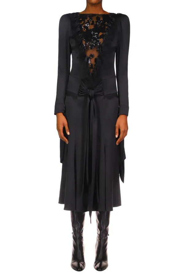 Dresses*Rodarte Black Silk Long Sleeve Dress With Black Sequin Tulle & Sash