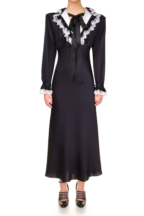 Dresses*Rodarte Black Silk Long Sleeve Dress With Off White Collar And Lace Trim