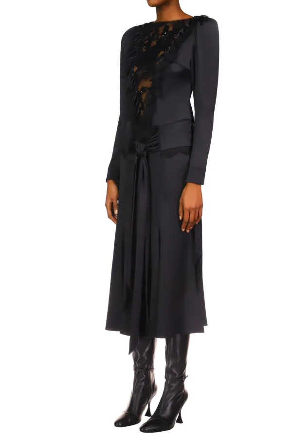 Dresses*Rodarte Black Silk Long Sleeve Dress With Black Sequin Tulle & Sash