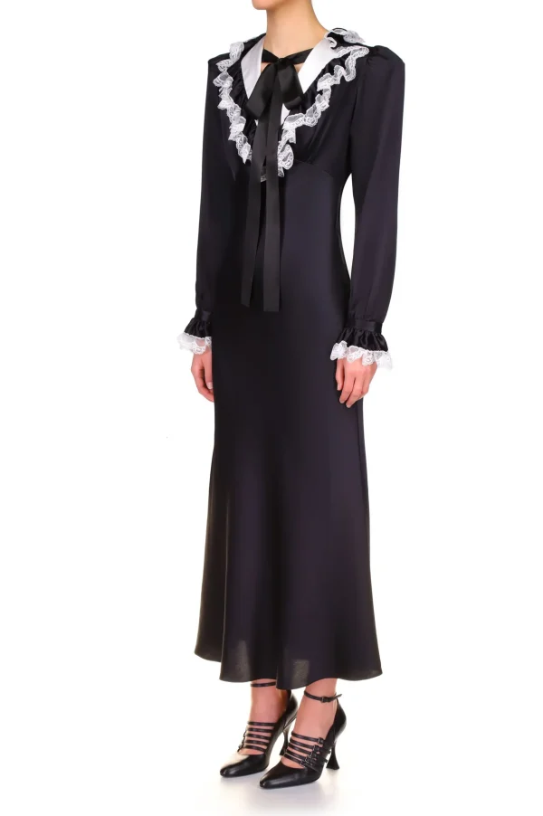 Dresses*Rodarte Black Silk Long Sleeve Dress With Off White Collar And Lace Trim