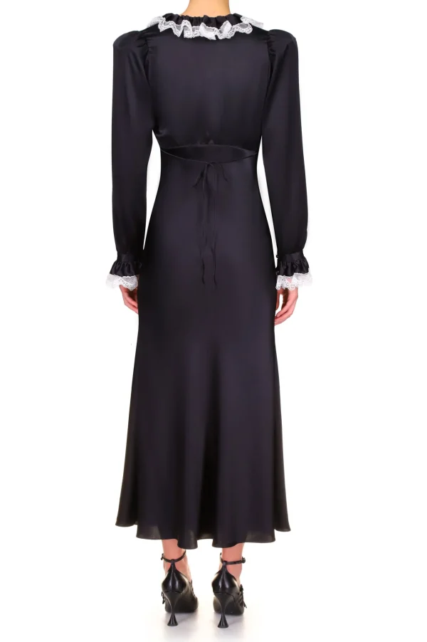 Dresses*Rodarte Black Silk Long Sleeve Dress With Off White Collar And Lace Trim