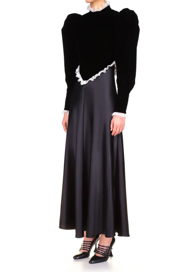 Dresses*Rodarte Black Silk Satin & Velvet Long Sleeve Dress With Lace Detail