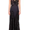 Dresses*Rodarte Black Silk Satin And Black Sequin Dress With Godet And Lace Ruffle