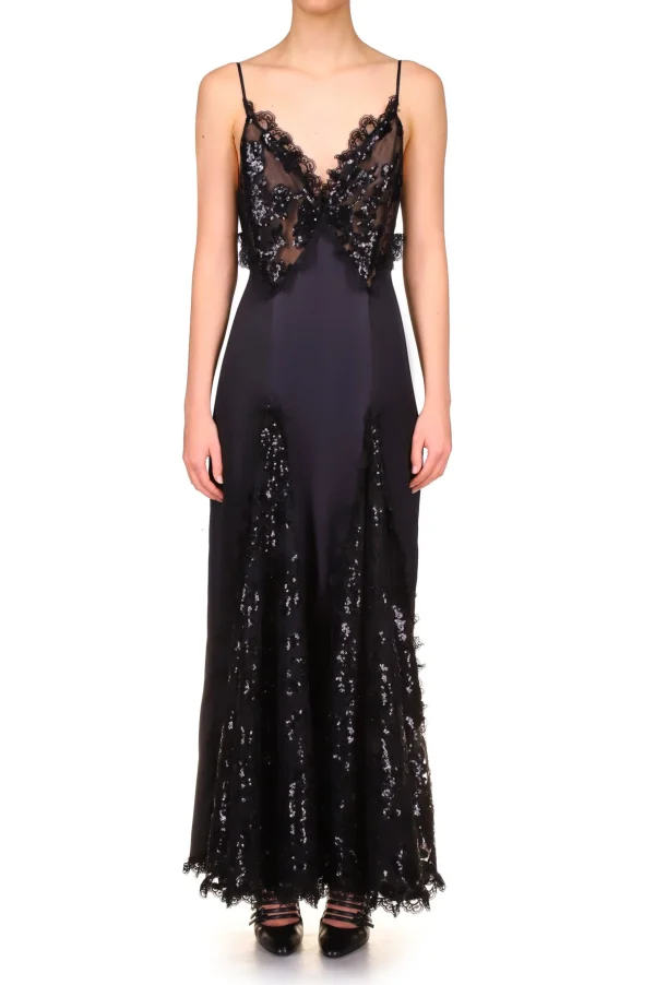 Dresses*Rodarte Black Silk Satin And Black Sequin Dress With Godet And Lace Ruffle