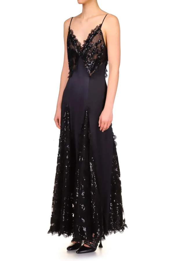 Dresses*Rodarte Black Silk Satin And Black Sequin Dress With Godet And Lace Ruffle