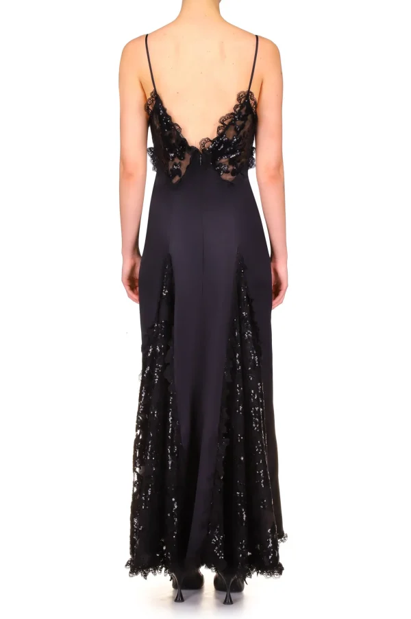 Dresses*Rodarte Black Silk Satin And Black Sequin Dress With Godet And Lace Ruffle