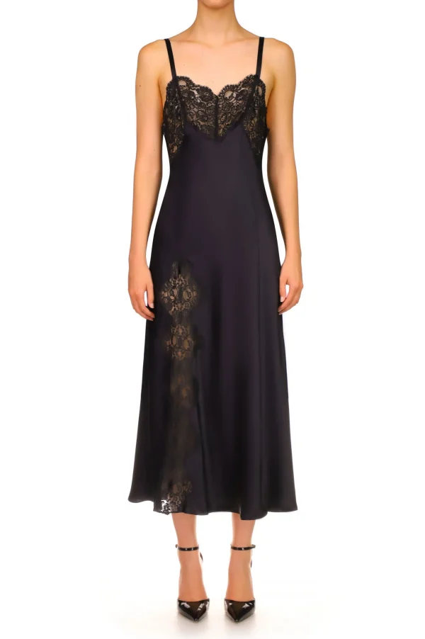 Dresses*Rodarte Black Silk Satin And Lace Bias Slip Dress