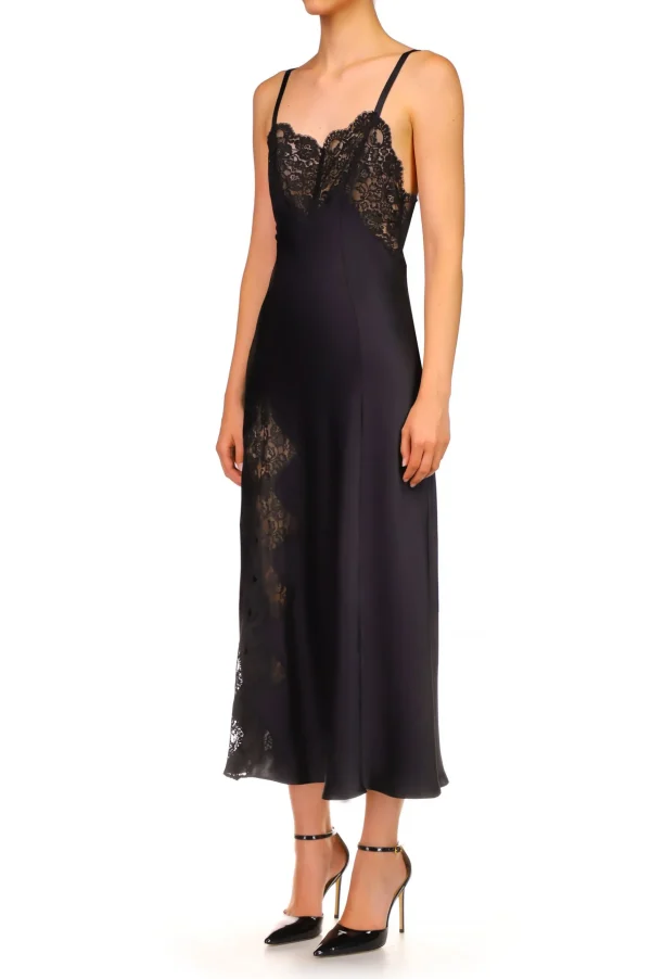 Dresses*Rodarte Black Silk Satin And Lace Bias Slip Dress