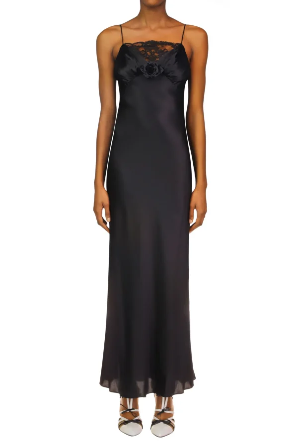 Dresses*Rodarte Black Silk Satin Bias Dress With Ruched Bust And Black Lace Detail