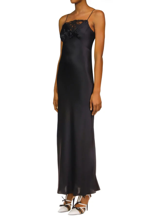 Dresses*Rodarte Black Silk Satin Bias Dress With Ruched Bust And Black Lace Detail