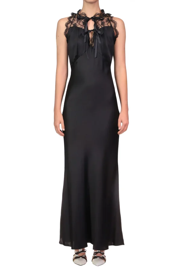 Dresses*Rodarte Black Silk Satin Bias Halter Dress With Lace And Ruffle Details