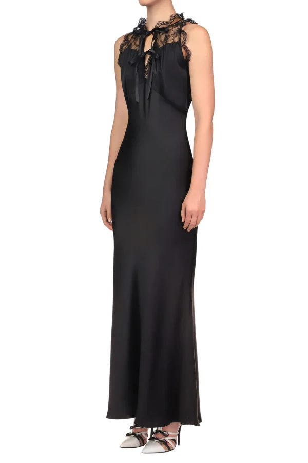 Dresses*Rodarte Black Silk Satin Bias Halter Dress With Lace And Ruffle Details