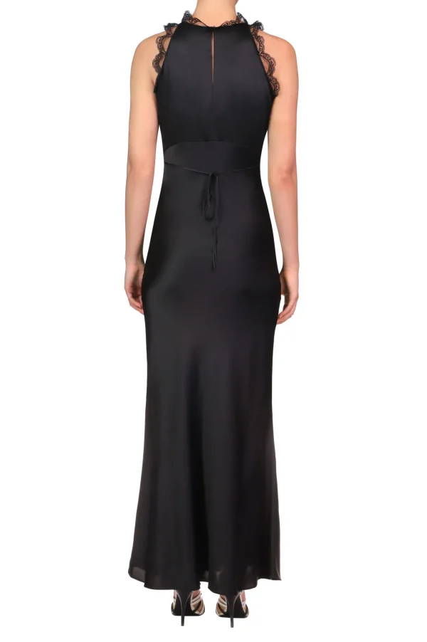 Dresses*Rodarte Black Silk Satin Bias Halter Dress With Lace And Ruffle Details