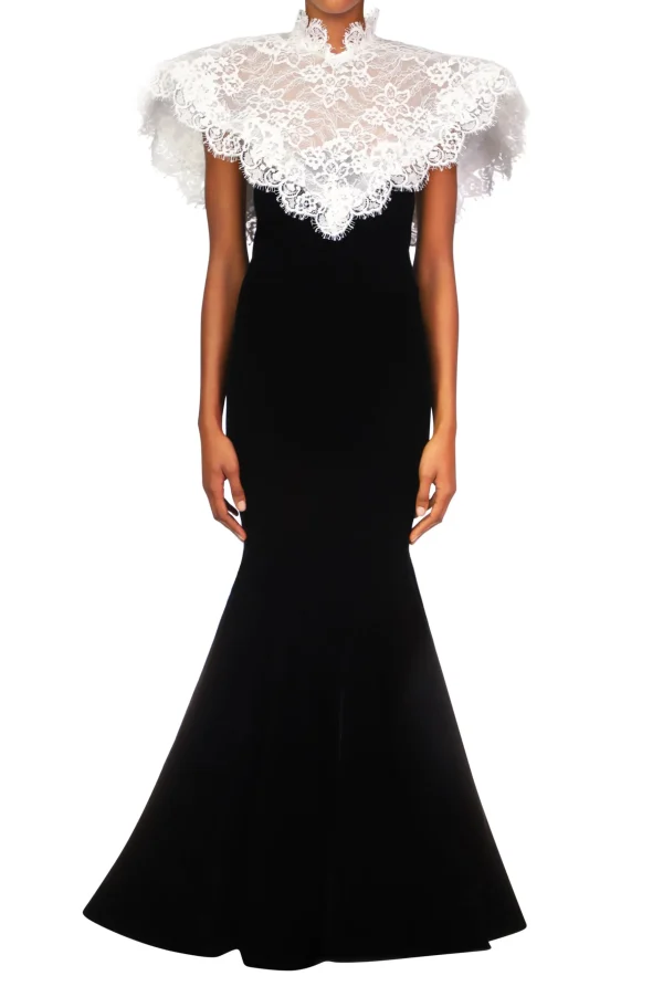 Dresses*Rodarte Black Velvet Gown With Off White Lace Collar