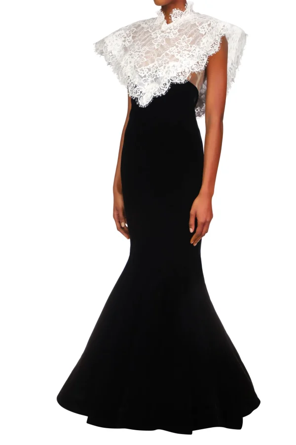 Dresses*Rodarte Black Velvet Gown With Off White Lace Collar