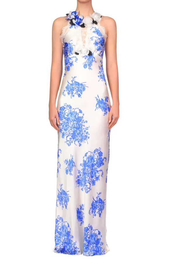 Dresses*Rodarte Blue And White Floral Printed Silk Bias Gown With Lace Details