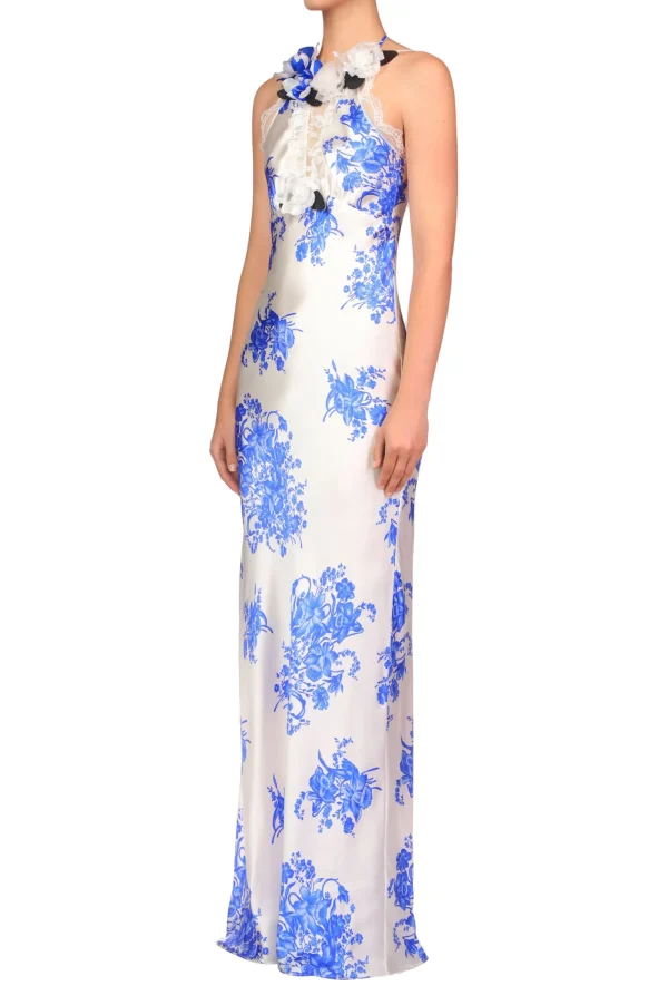 Dresses*Rodarte Blue And White Floral Printed Silk Bias Gown With Lace Details