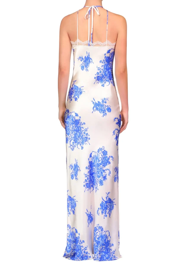 Dresses*Rodarte Blue And White Floral Printed Silk Bias Gown With Lace Details