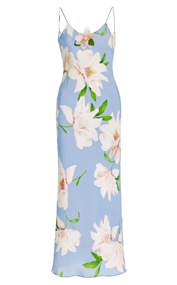 Dresses*Rodarte Blue And White Floral Silk Slip With Silk Flower Detail