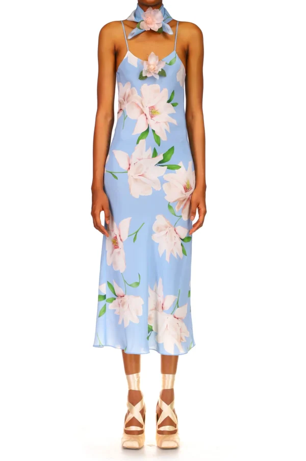 Dresses*Rodarte Blue And White Floral Silk Slip With Silk Flower Detail