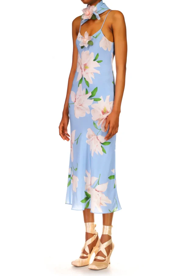 Dresses*Rodarte Blue And White Floral Silk Slip With Silk Flower Detail