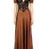 Dresses*Rodarte Brown Silk Satin Short Sleeve Dress With Black Lace Details