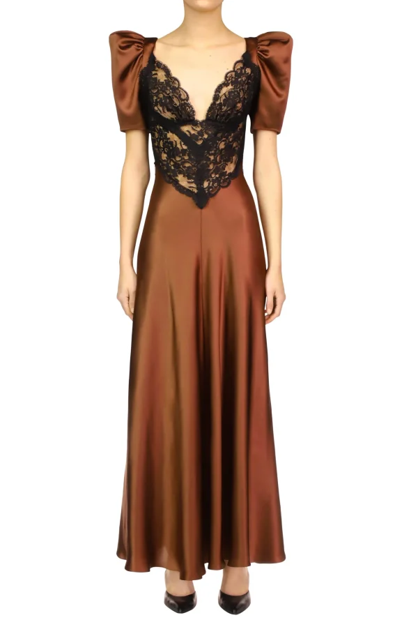 Dresses*Rodarte Brown Silk Satin Short Sleeve Dress With Black Lace Details