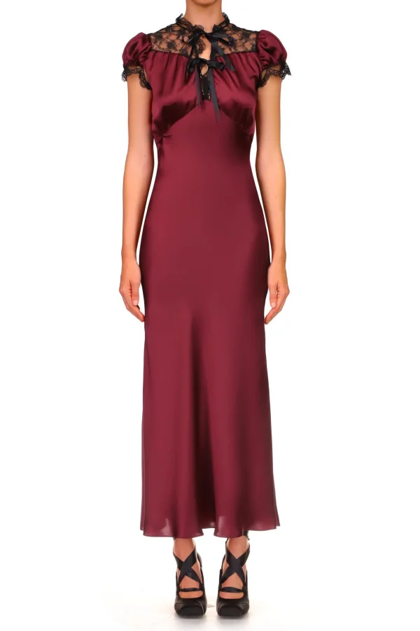 Dresses*Rodarte Burgundy Silk Satin Bias Dress With Lace And Ruffle Details