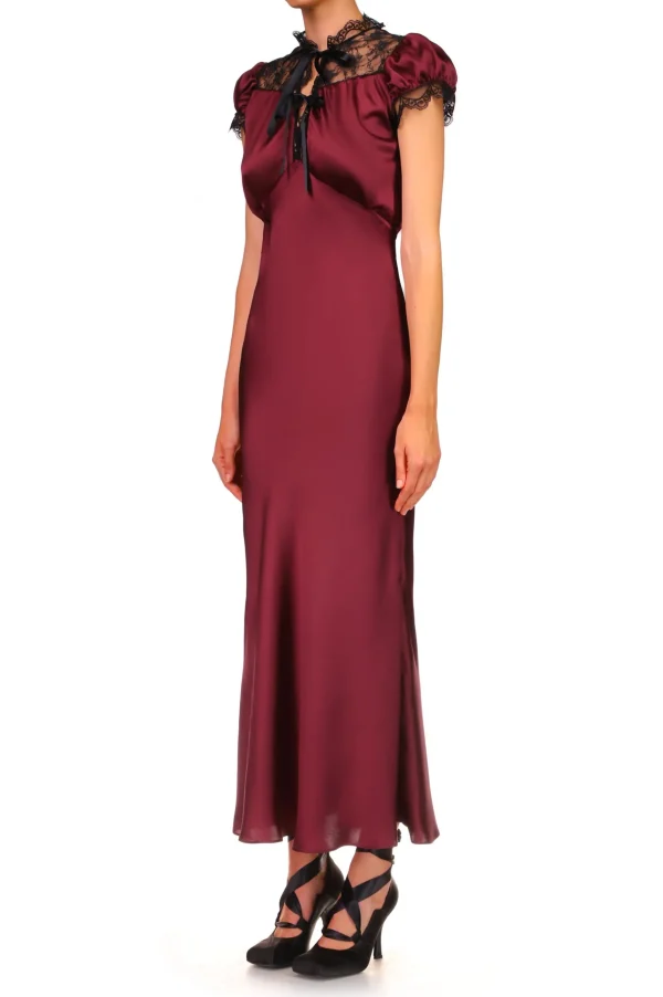 Dresses*Rodarte Burgundy Silk Satin Bias Dress With Lace And Ruffle Details