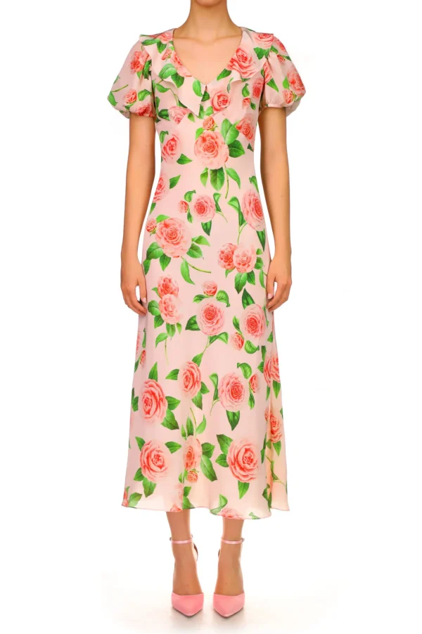 Dresses*Rodarte Camellia Printed Silk Bias Dress With Ruffle Details