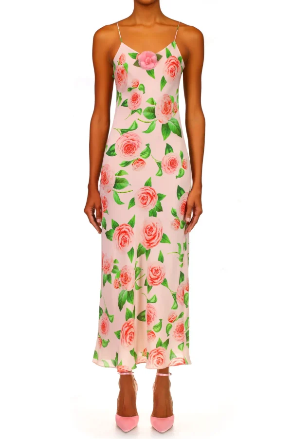 Dresses*Rodarte Camellia Printed Silk Bias Slip With Silk Flower Detail