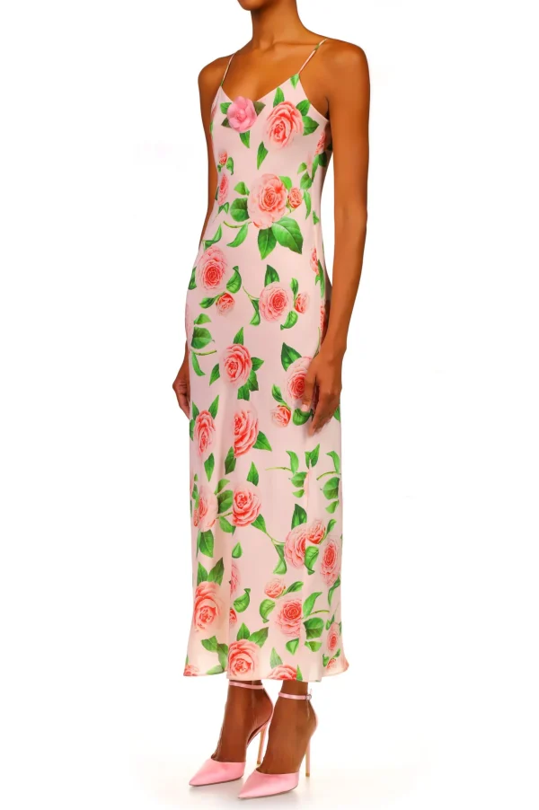 Dresses*Rodarte Camellia Printed Silk Bias Slip With Silk Flower Detail