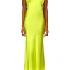 Dresses*Rodarte Chartreuse Silk Satin Bias Dress With Lace And Ruffle Details