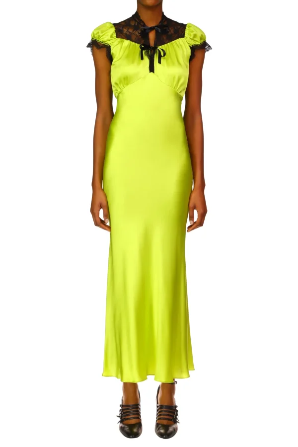 Dresses*Rodarte Chartreuse Silk Satin Bias Dress With Lace And Ruffle Details