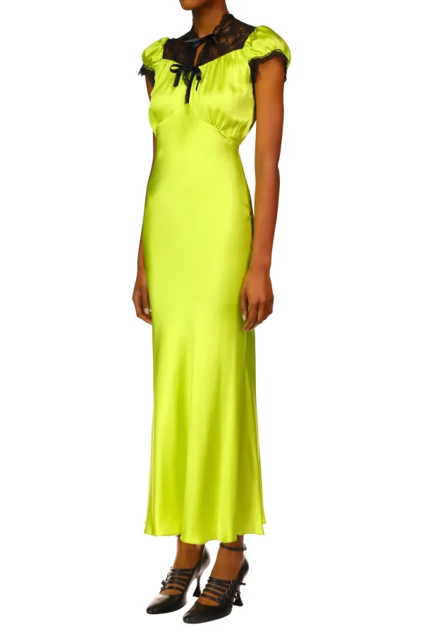 Dresses*Rodarte Chartreuse Silk Satin Bias Dress With Lace And Ruffle Details