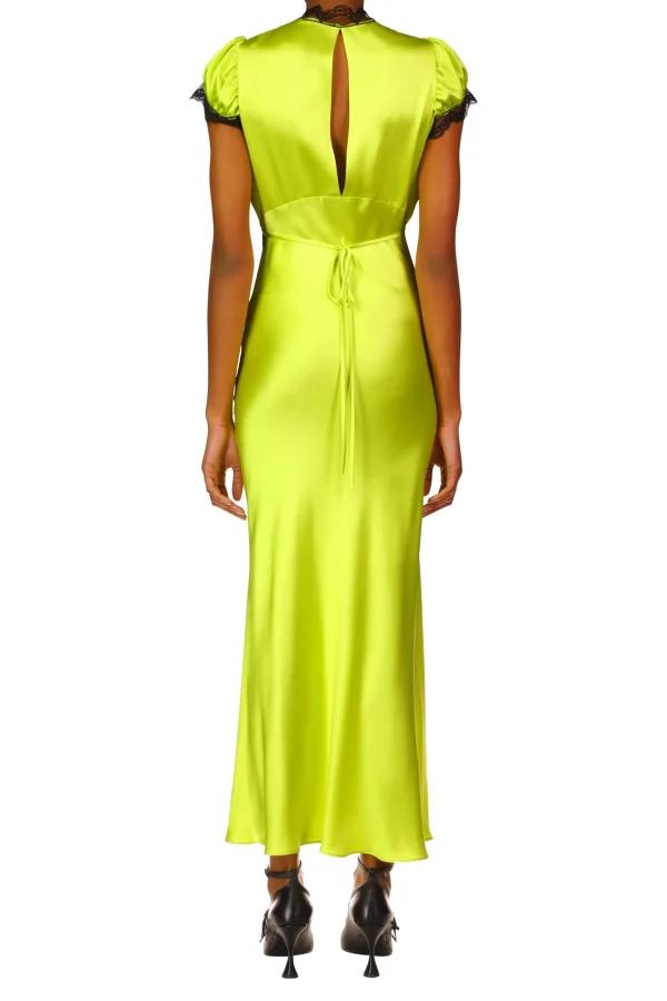 Dresses*Rodarte Chartreuse Silk Satin Bias Dress With Lace And Ruffle Details